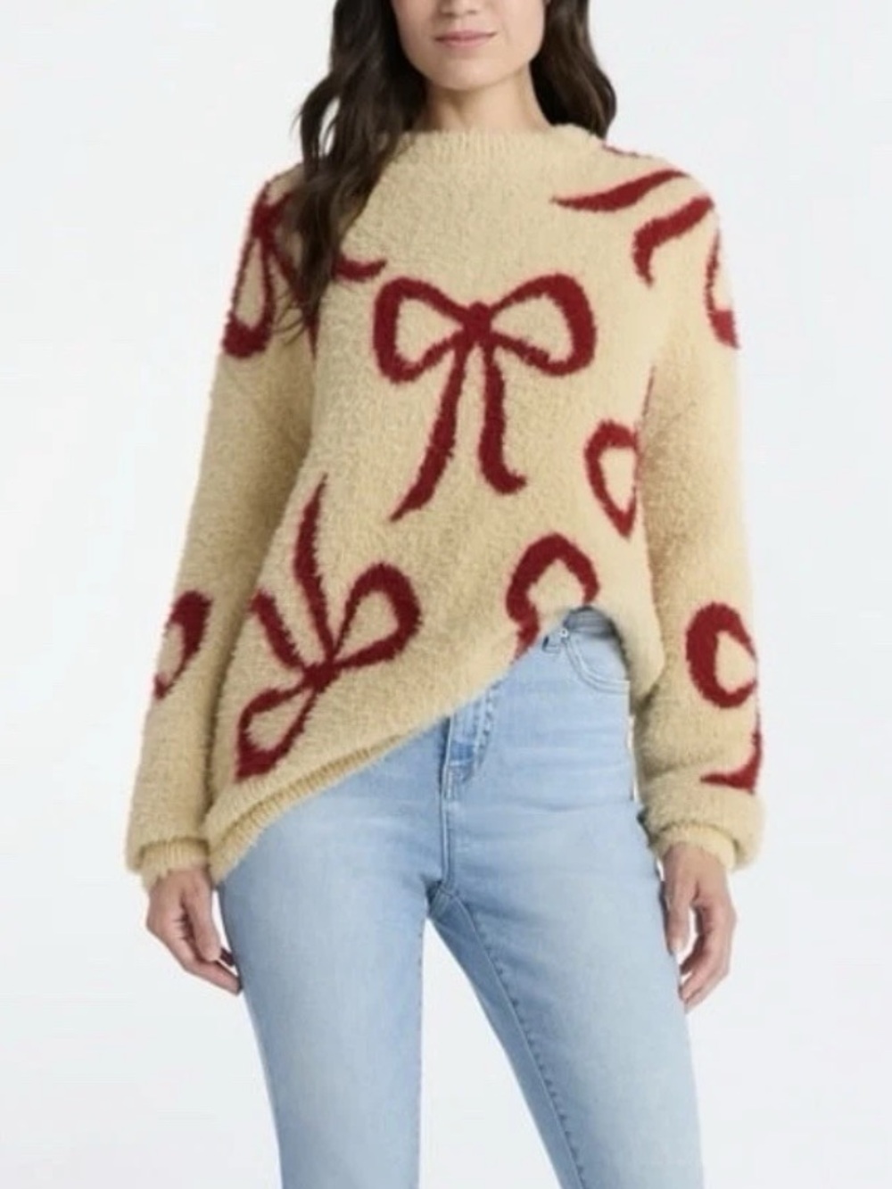 99 Jane Street Bow Print Pullover Sweater Fuzzy Camel Berry Combo